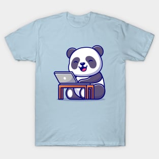 Cute Panda Working On Laptop Cartoon T-Shirt